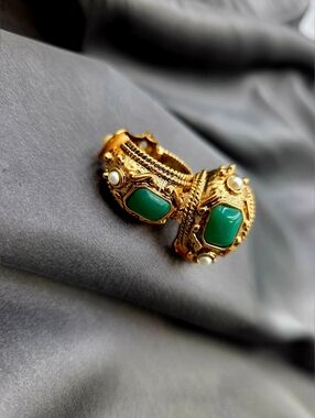 Vintage Vendome Byzantine Clip-On Earrings Gold Green Cabochon Statement Luxe